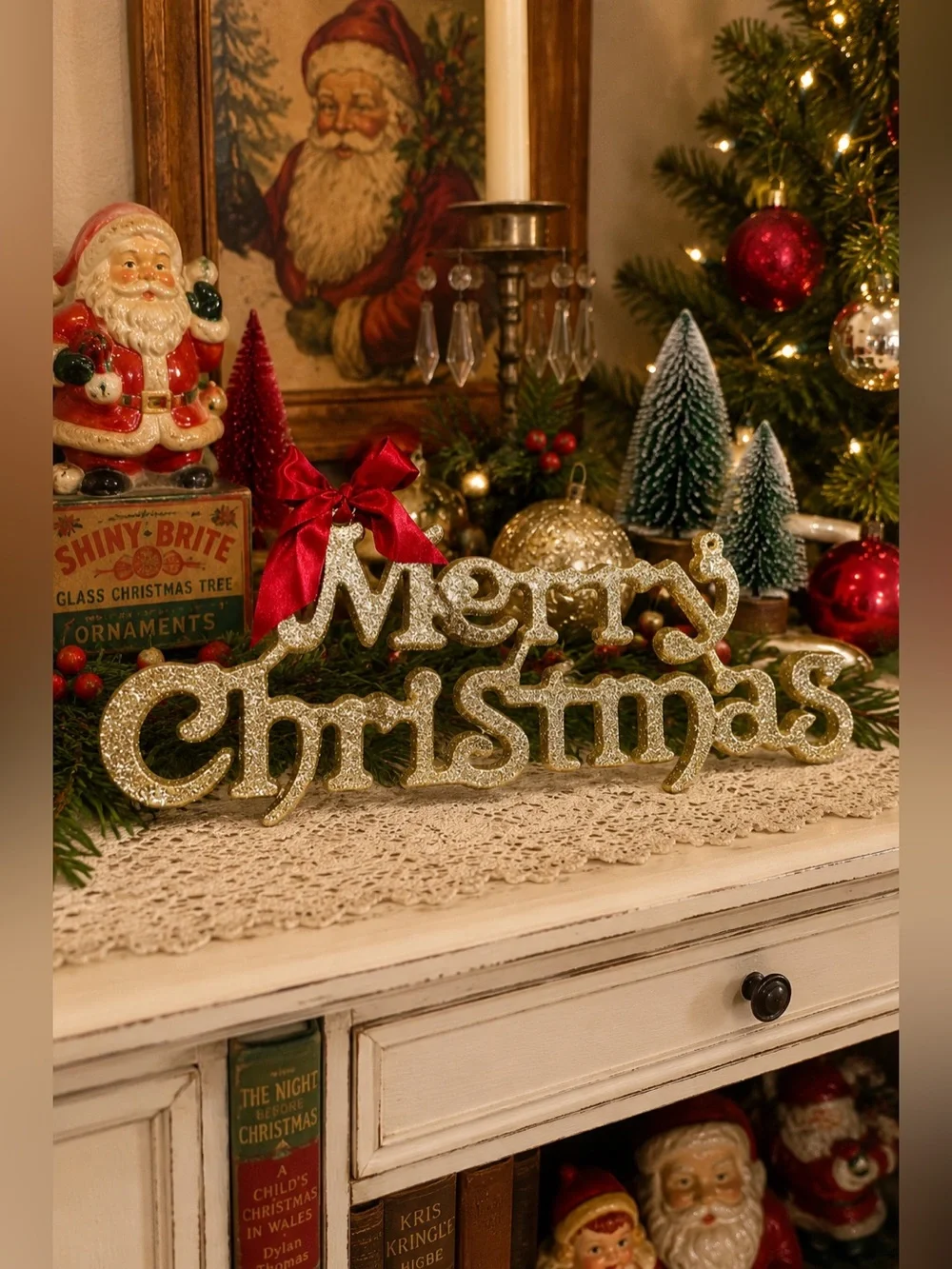 Vintage Gold Glitter Merry Christmas Sign Red Bow Holiday Decor